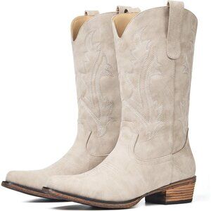Women Beige Daily Wear with Pointed Toe Chunky Heel Embroidered Cowgirl Boots